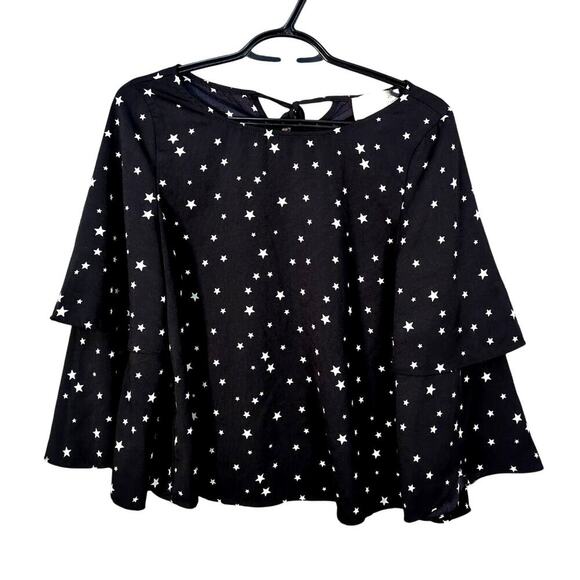JOA J.O.A. BLACK STAR PRINT BELL RUFFLE SLEEVE BLOUSE SHIRT SZ S - Picture 1 of 10